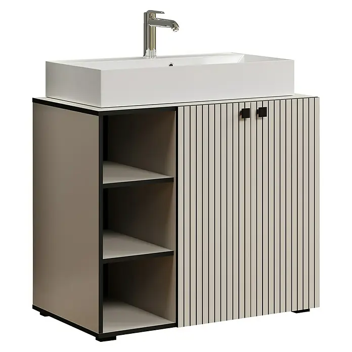 Trendteam Niklas Badmöbel-Set - 90 cm, Kashmir, Strukturiert, Breite Waschbecken: 80 cm - Moderner Badezimmer-Waschtisch mit weißem Rechteckwaschbecken, Chromarmatur, offenen Regalen und hellbeiger Lamellentür mit schwarzen Griffen.