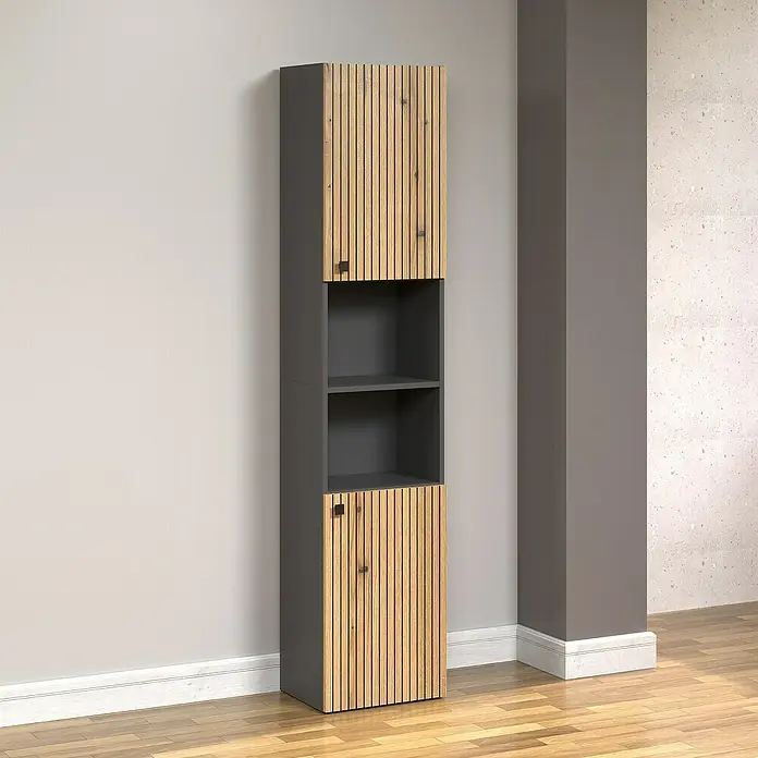 Trendteam Niklas Hochschrank - B x T x H: 40 x 31 x 186 cm, Evoke Eiche/Anthrazit, Strukturiert - Der graue und holzfarbene Schrank mit Regalen und Türen steht in einem modernen Raum. Ideal für stilvolle Aufbewahrung.