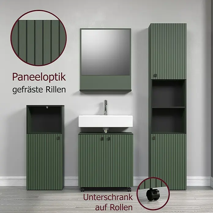 Trendteam Niklas Midischrank - B x T x H: 40 x 31 x 95 cm, Grün, Strukturiert - Dunkelgrüne gerippte Badmöbelgarnitur mit Spiegel und Waschbecken. Der Waschtischunterschrank ist auf Rollen.