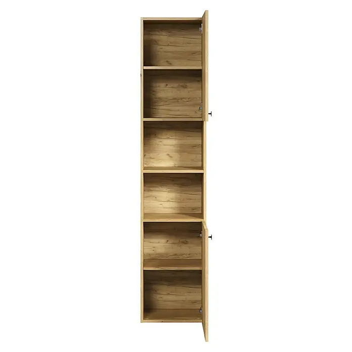 Trendteam Niklas Hochschrank - B x T x H: 40 x 31 x 186 cm, Evoke Eiche, Strukturiert - Hoher Schrank aus hellem Holz mit offenen Fächern und offener Tür, zeigt das Eichen-Effekt-Interieur.