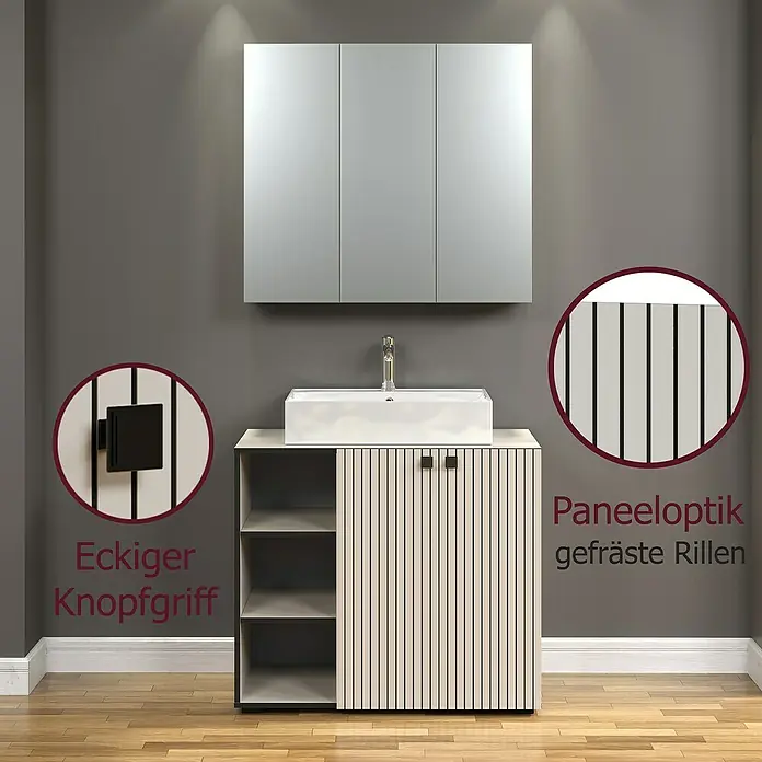 Trendteam Niklas Badmöbel-Set - 90 cm, Kashmir, Strukturiert, Breite Waschbecken: 60 cm - Moderner Badunterschrank mit weißem Rechteckwaschbecken, hellem Paneelschrank mit schwarzen Griffen, offenen Regalen und dreitürigem Spiegelschrank.