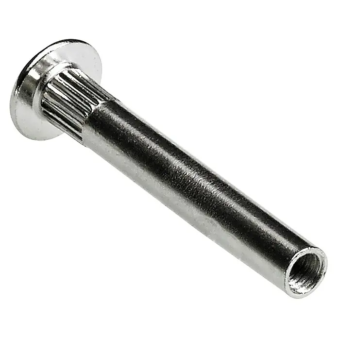 Hettich GewindehülseLänge: 35 mm, Passend für: Holzdicken 37 - 45 mm - Nahaufnahme eines Nietstiftes aus Metall mit gerändeltem Schaft und Innengewinde, der für robuste Verbindungen und Befestigungen sorgt.