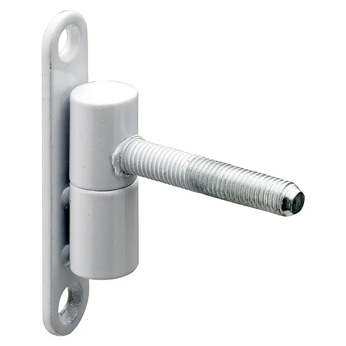 Hettich Türband Renovierband - Ø x L: 15 x 83,5 mm, Traglast: 30 kg, Pulverbeschichtet, Weiß - Nahaufnahme eines weißen Bolzenbandes mit angeschweißter Schraube, ideal für robuste Tor- und Türbefestigungen im Außenbereich.