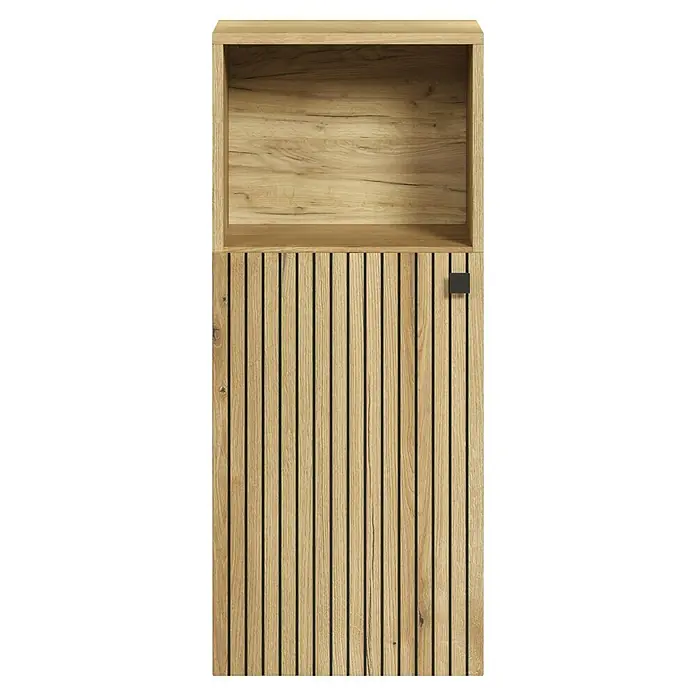 Trendteam Niklas Midischrank - B x T x H: 40 x 31 x 95 cm, Evoke Eiche, Strukturiert - Heller Holzschrank mit offenem oberen Fach und einer Lamellentür mit schwarzem Griff.