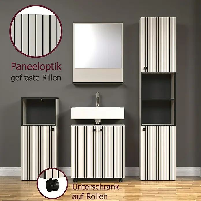Trendteam Niklas Midischrank - B x T x H: 40 x 31 x 95 cm, Kashmir, Strukturiert - Modernes Badezimmermöbelset: Spiegel, Waschbecken, Schränke mit Paneeloptik und gefrästen Rillen. Der Unterschrank hat Rollen.