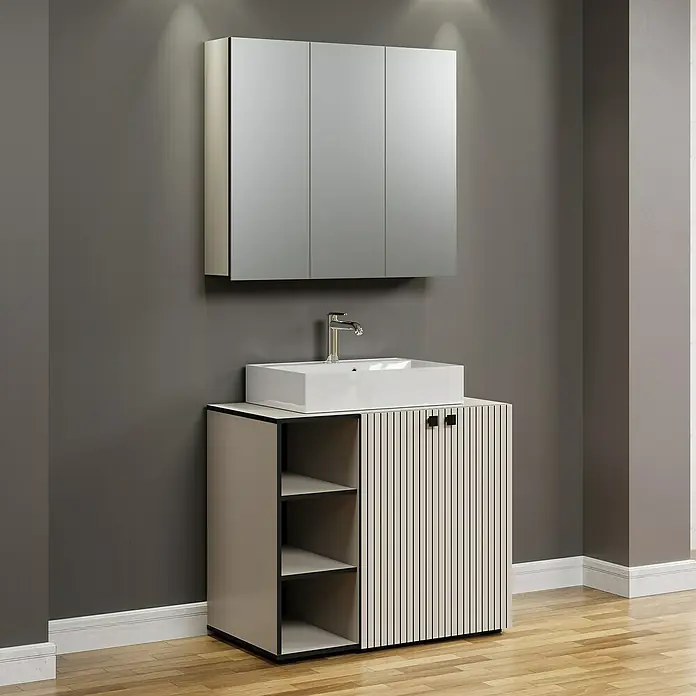 Trendteam Niklas Badmöbel-Set - 90 cm, Kashmir, Strukturiert, Breite Waschbecken: 60 cm - Badezimmermöbel-Set mit Waschbecken, Schrank und Spiegelschrank in modernem Design.