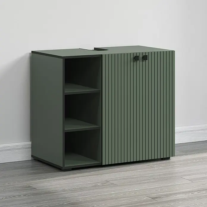 Trendteam Niklas Waschtischunterschrank - B x T x H: 90 x 53 x 79 cm, Grün, Strukturiert - Bild eines modernen grünen Badschranks mit offenem Regal und geriffelter Tür, ideal für stilvolle Badezimmeraufbewahrung.