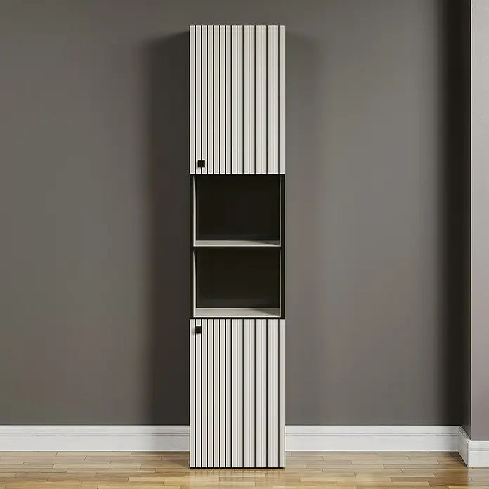 Trendteam Niklas Hochschrank - B x T x H: 40 x 31 x 186 cm, Kashmir, Strukturiert - Ein eleganter, schmaler Hochschrank mit senkrechten Streifen und offenen Fächern, ideal für moderne Wohnräume.