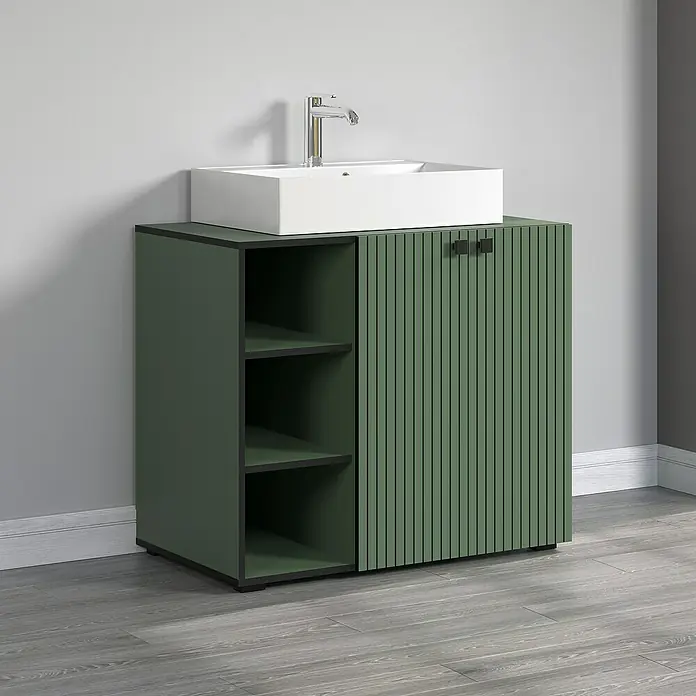 Trendteam Niklas Badmöbel-Set - 90 cm, Grün, Strukturiert, Breite Waschbecken: 60 cm - Moderner Badezimmerschrank in Grün mit weißen Waschbecken und elegantem Design, ideal für stilvolle Badezimmer.