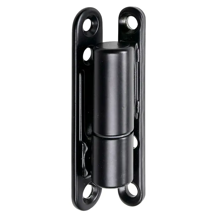 Hettich Türband Renovierband wartungsfrei - Ø x L: 15 x 83,5 mm, Traglast: 40 kg, Pulverbeschichtet, Schwarz, Wartungsfreie Gleitlagertechnik - Nahaufnahme eines schwarzen Metallscharniers mit Befestigungslöchern. Das Scharnier ist robust und für schwere Anwendungen konzipiert.
