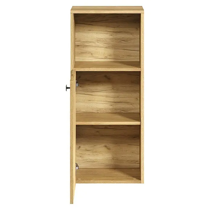 Trendteam Niklas Midischrank - B x T x H: 40 x 31 x 95 cm, Evoke Eiche, Strukturiert - Heller Holz-Wandschrank mit Regalböden, eine Tür ist teilweise geöffnet und zeigt das Innere.