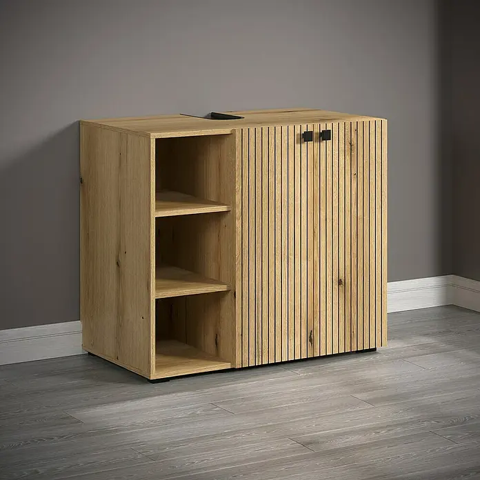 Trendteam Niklas Badmöbel-Set - 90 cm, Evoke Eiche, Strukturiert, Breite Waschbecken: 60 cm - Elegantes Sideboard aus hellem Holz mit geriffelten Türen und offenen Regalen, perfekt für modernes Wohnen.