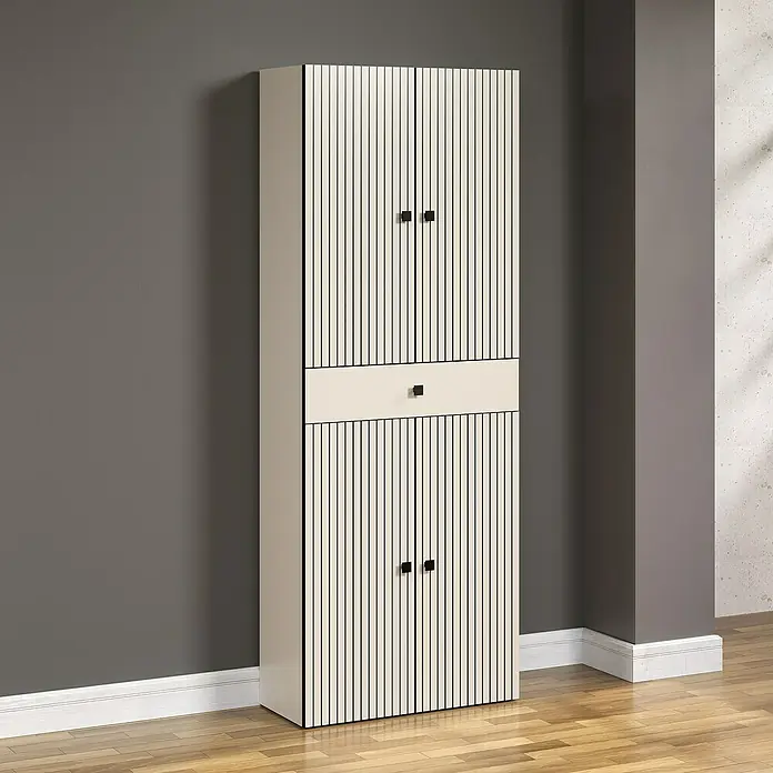 Trendteam Niklas Hochschrank - B x T x H: 70 x 31 x 186 cm, Kashmir, Strukturiert, Mit Schublade - Elegantes, schlankes Sideboard in Weiß mit vertikalen, schwarzen Linien, ideal für moderne Wohnräume.