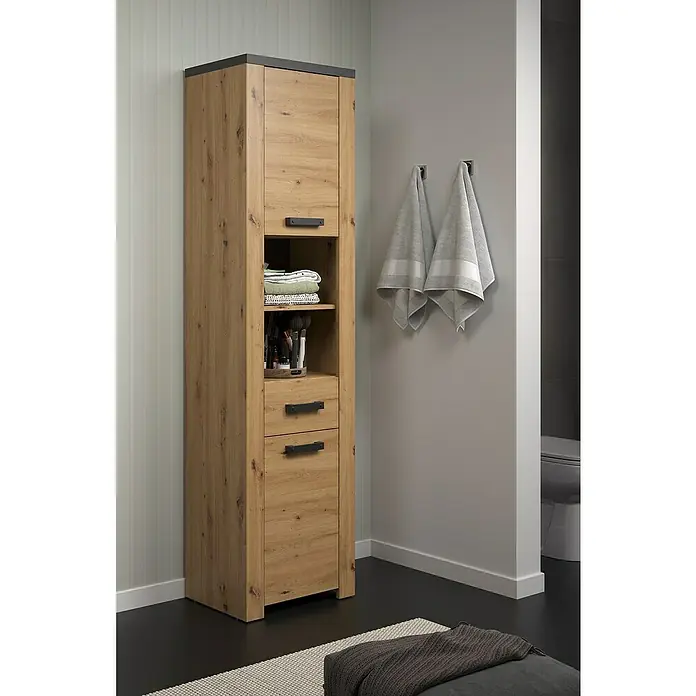 Trendteam Follow Hochschrank - B x T x H: 53 x 35 x 196 cm, Artisan Eiche, Matt - Badmöbel: Moderner Hochschrank in Holzoptik mit offenen Fächern und Schubladen für Badezimmerutensilien.