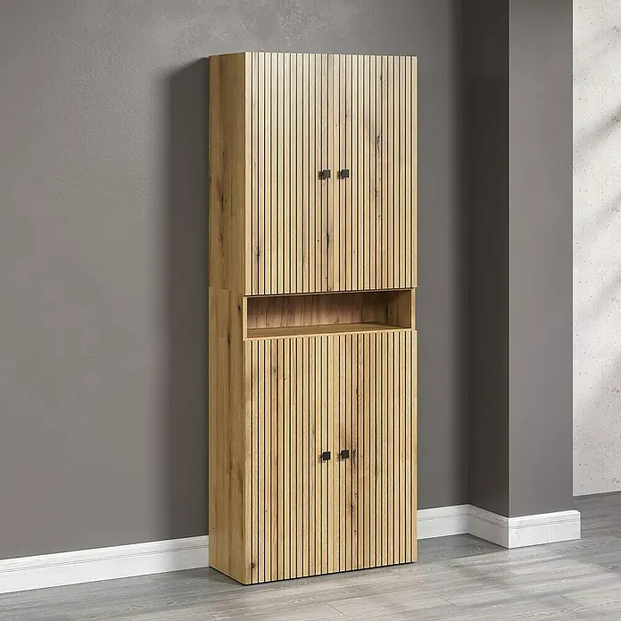 Trendteam Niklas Hochschrank - B x T x H: 70 x 31 x 186 cm, Evoke Eiche, Strukturiert, Mit offenem Fach - Stilvoller Holzschrank mit Lamellenfront und offenen Regalfach, ideal für moderne Wohnräume.