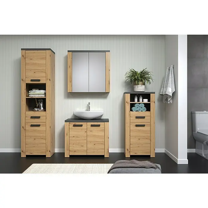 Trendteam Follow Spiegelschrank - B x H: 79 x 78 cm, Artisan Eiche - Badezimmer-Set mit Waschbeckenunterschrank, Spiegelschrank und zwei Hochschränken in Holzoptik. Elegantes Design für Ihr Badezimmer.