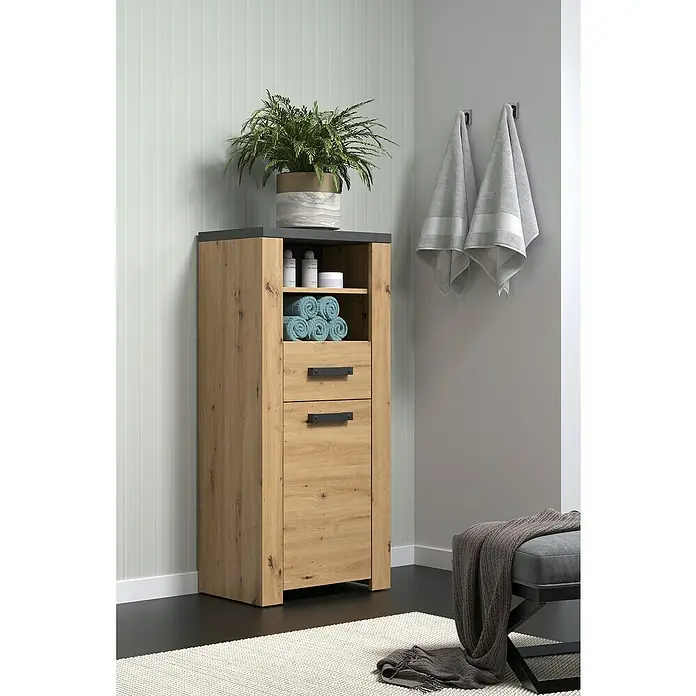 Trendteam Follow Midischrank - B x T x H: 53 x 35 x 118 cm, Artisan Eiche, Matt - Badezimmer-Hochschrank aus Holz mit Schubladen, Ablagefach und Pflanzen auf der Oberseite für eine stilvolle Badezimmereinrichtung.