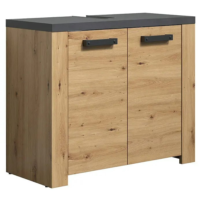 Trendteam Follow Waschtischunterschrank - B x T x H: 79 x 35 x 67 cm, Artisan Eiche, Matt - Holzbadschrank mit dunkelgrauer Arbeitsplatte und zwei Türen mit dunklen Griffen.