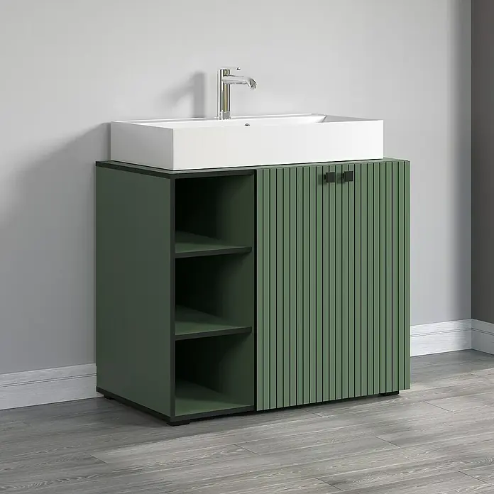 Trendteam Niklas Badmöbel-Set - 90 cm, Grün, Strukturiert, Breite Waschbecken: 80 cm - Elegantes Badezimmerwaschbecken mit grünem Unterschrank. Moderner Waschtisch mit offenem Regal und stilvoller Tür.