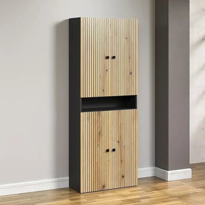 Trendteam Niklas Hochschrank - B x T x H: 70 x 31 x 186 cm, Evoke Eiche/Anthrazit, Strukturiert, Mit offenem Fach - Schrank mit Holzfronten und schwarzen Akzenten. Der elegante Schrank bietet stilvollen Stauraum für jeden Raum und sorgt für Ordnung.