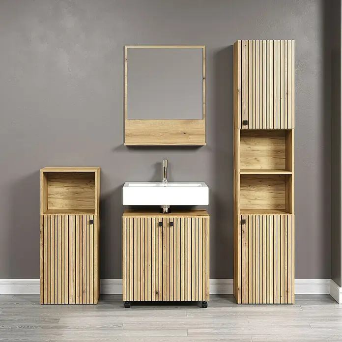 Trendteam Niklas Hochschrank - B x T x H: 40 x 31 x 186 cm, Evoke Eiche, Strukturiert - Badezimmermöbel-Set mit Waschbeckenunterschrank, Hochschrank und Spiegelschrank in Holzoptik für ein stilvolles Ambiente.