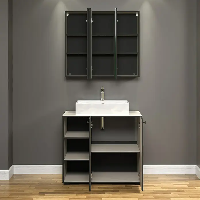 Trendteam Niklas Badmöbel-Set - 90 cm, Kashmir, Strukturiert, Breite Waschbecken: 60 cm - Modernes Badezimmer-Waschbecken mit offenem Unterschrank und Spiegelschrank. Elegantes Design für ein stilvolles Badezimmer.