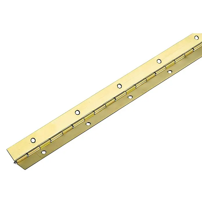 Stangenscharnier - 600 x 20 mm, Messing - Bild einer Klavierband aus Messing mit durchgehenden Stift und Löchern für Schrauben zur Befestigung an einer Oberfläche.