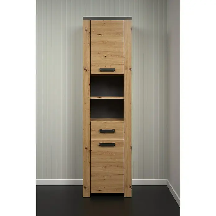 Trendteam Follow Hochschrank - B x T x H: 53 x 35 x 196 cm, Artisan Eiche, Matt - Stilvoller Hochschrank in Holzoptik mit schwarzen Griffen und Ablagefächern. Perfekt für Bad oder Wohnbereich.