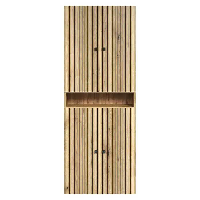 Trendteam Niklas Hochschrank - B x T x H: 70 x 31 x 186 cm, Evoke Eiche, Strukturiert, Mit offenem Fach - Heller Holzschrank mit vertikalen Lamellen, vier Türen und offener Mittelablage.