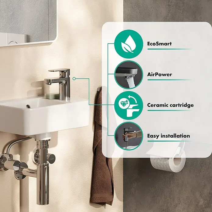 Hansgrohe Vernis Blend Waschtischarmatur 70 - Chrom, Funkelnd - Waschbeckenarmatur mit EcoSmart-Technologie für Wasserersparnis, AirPower für einen weichen Wasserstrahl und Keramikkartusche für lange Lebensdauer.