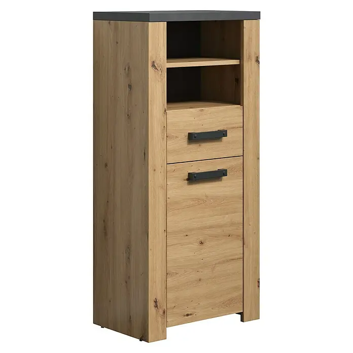 Trendteam Follow Midischrank - B x T x H: 53 x 35 x 118 cm, Artisan Eiche, Matt - Holzschrank mit dunkler Platte, offenen Fächern, Schubladen und einer Tür.