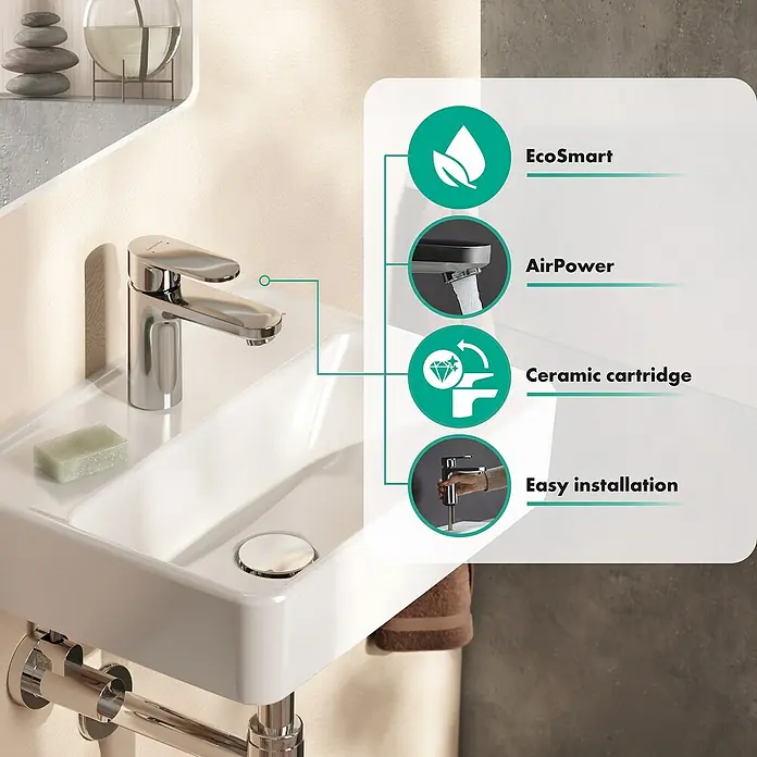 Hansgrohe Vernis Blend Waschtischarmatur - Chrom - Waschbeckenarmatur mit EcoSmart, AirPower, Keramikkartusche und einfacher Installation.