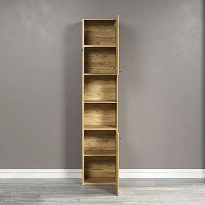 Trendteam Niklas Hochschrank - B x T x H: 40 x 31 x 186 cm, Evoke Eiche, Strukturiert - Ein hoher, offener Holzschrank mit mehreren Regalen und zwei Türen, die geöffnet sind, vor einer grauen Wand.