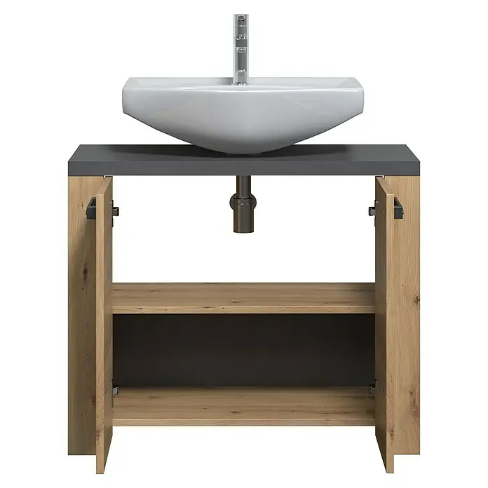 Trendteam Follow Waschtischunterschrank - B x T x H: 79 x 35 x 67 cm, Artisan Eiche, Matt - Moderner Badunterschrank mit weißem Waschbecken, silbernem Wasserhahn, dunkelgrauer Platte und hellem Holzschrank mit offenen Türen und Regal.