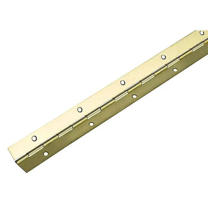 Suki Bisagra de piano - 400 x 32 mm, Latón, Acero - Una bisagra de piano dorada hecha de metal con orificios uniformemente espaciados para un montaje sencillo. Ideal para tapas de piano y otras aplicaciones.