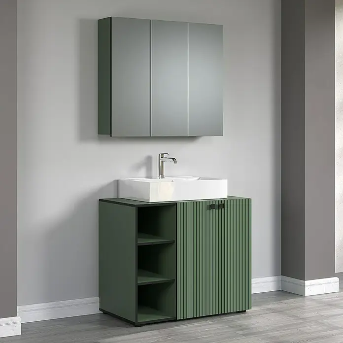 Trendteam Niklas Waschtischunterschrank - B x T x H: 90 x 53 x 79 cm, Grün, Strukturiert - Elegantes Badezimmer-Ensemble mit einem grünen Waschtischunterschrank und einem passenden Spiegelschrank. Das moderne Design wertet jeden Raum auf.