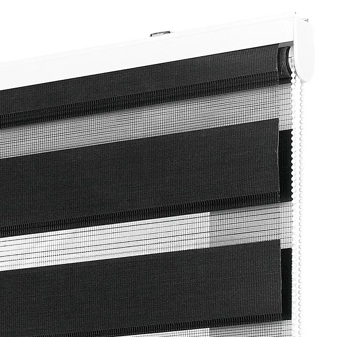 Estor noche y día Duolux - An x Al: 80 x 180 cm, Grafito - Primer plano de un elegante estor enrollable doble negro, que combina luz y sombra armoniosamente y ofrece una decoración moderna.