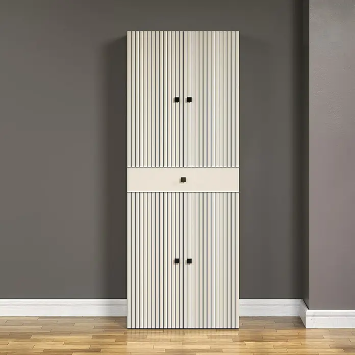 Trendteam Niklas Hochschrank - B x T x H: 70 x 31 x 186 cm, Kashmir, Strukturiert, Mit Schublade - Ein hochformatiger, weißer Schrank mit vertikalen Streifen und dunklen Griffen, der Stauraum und modernes Design vereint.