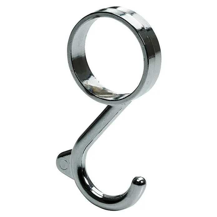 Hettich Kleiderhaken - Passend für: Schrankrohre mit einem Durchmesser von 25mm, Gesamtstückzahl: 2 Stk. - Ein glänzender, silberner Vorhangring mit Haken für eine Gardinenstange, ideal für stilvolle Fensterdekoration.