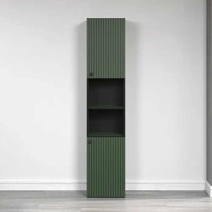 Trendteam Niklas Hochschrank - B x T x H: 40 x 31 x 186 cm, Grün, Strukturiert - Schmaler, grüner Schrank mit vertikalen Rillen und offenen Regalen. Stilvolles Möbelstück für moderne Einrichtungen, das Stauraum und Design vereint.