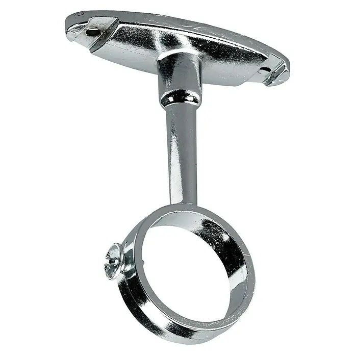 Hettich Kleiderstangenhalter - Zinkdruckguss, L x B x H: 69,5 x 52 x 15 mm - Nahaufnahme einer verchromten Kleiderstangenhalterung, ideal für die Organisation von Kleiderschränken und die Lagerung von Kleidung.
