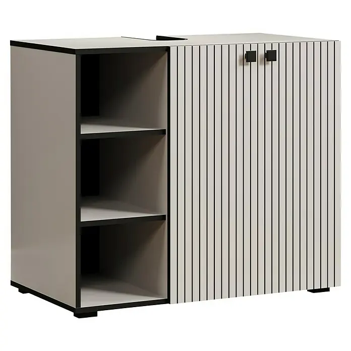 Trendteam Niklas Waschtischunterschrank - B x T x H: 90 x 53 x 79 cm, Kashmir, Strukturiert - Zweifarbiges Sideboard mit offenen Regalen und einer Lamellentür mit schwarzen Griffen.