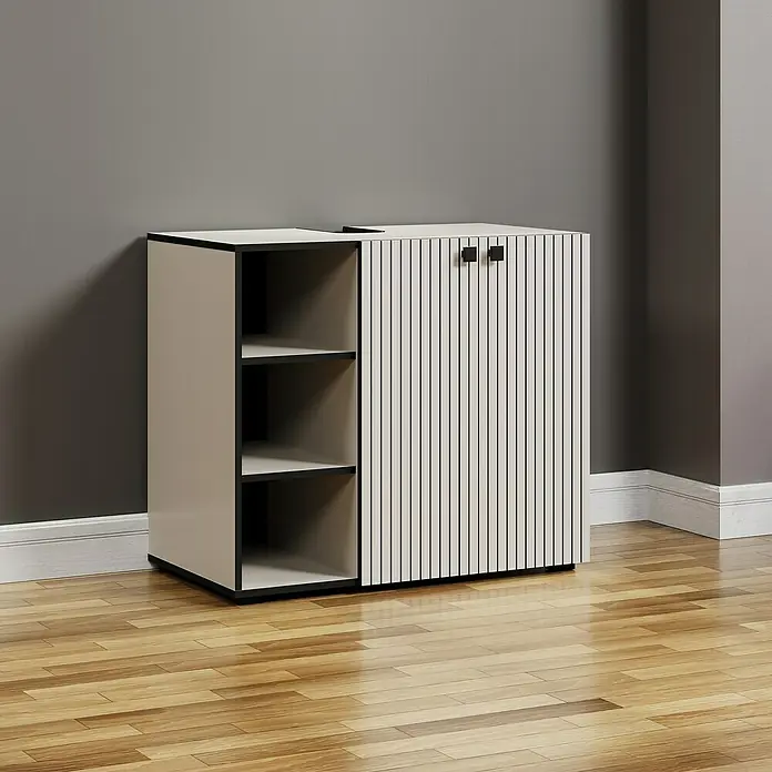 Trendteam Niklas Waschtischunterschrank - B x T x H: 90 x 53 x 79 cm, Kashmir, Strukturiert - Stilvolles Sideboard in Beige und Schwarz mit offenen Regalen und einer Schranktür. Ideal für moderne Wohnräume.