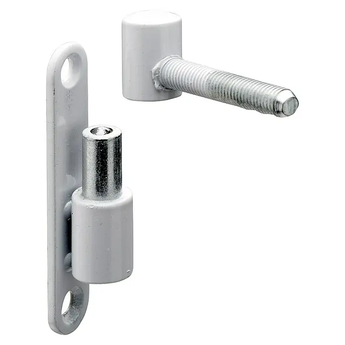 Hettich Türband Renovierband - Ø x L: 15 x 83,5 mm, Traglast: 30 kg, Pulverbeschichtet, Weiß - Nahaufnahme eines verstellbaren, weiß lackierten Torscharniers mit Schraubstift. Ideal für Holztore und Zäune im Außenbereich.