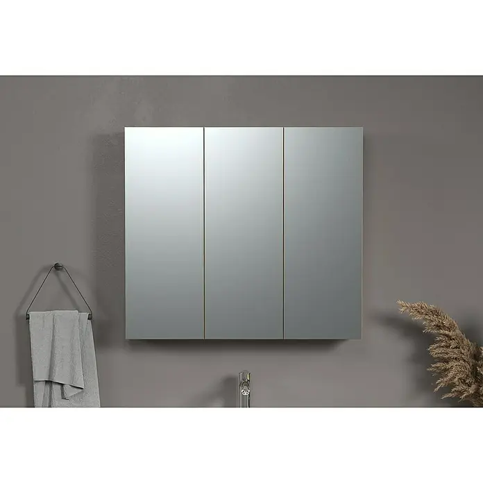 Trendteam Niklas Spiegelschrank - B x H: 90 x 80 cm, Evoke Eiche - Dieser Spiegelschrank in Grau mit drei Türen ist eine elegante und praktische Ergänzung für jedes Badezimmer. Er bietet ausreichend Stauraum.