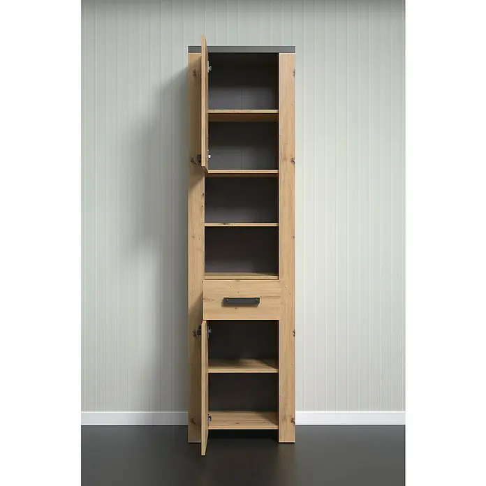 Trendteam Follow Hochschrank - B x T x H: 53 x 35 x 196 cm, Artisan Eiche, Matt - Ein hoher, schmaler Holzschrank mit offenen Türen und einem Schubfach präsentiert seine Regale und sein Stauraumangebot.