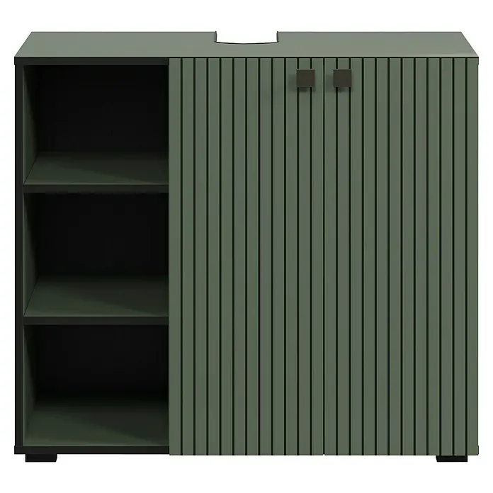 Trendteam Niklas Waschtischunterschrank - B x T x H: 90 x 53 x 79 cm, Grün, Strukturiert - Dunkelgrüner geriffelter Badunterschrank mit offenen Regalen links, zwei Türen und Aussparung oben für ein Waschbecken.