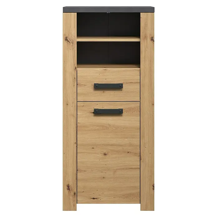 Trendteam Follow Midischrank - B x T x H: 53 x 35 x 118 cm, Artisan Eiche, Matt - Hellbrauner Eichenschrank mit dunkelgrauer Platte, zwei offenen Fächern und zwei Schubladen mit schwarzen Griffen.