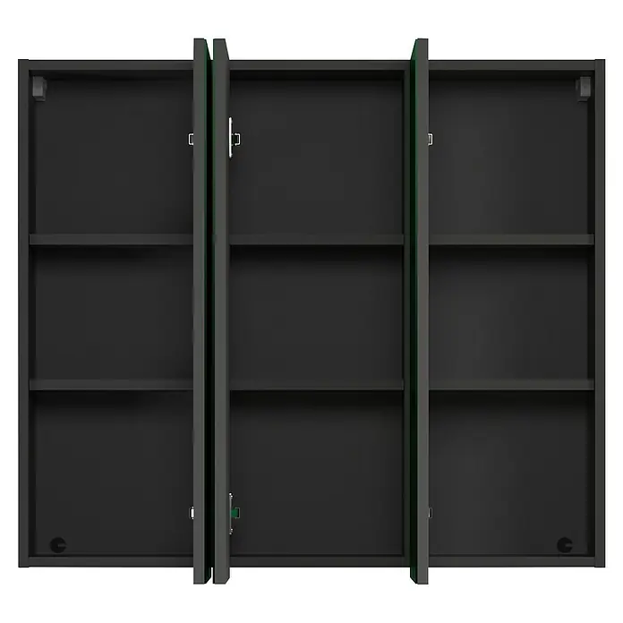 Trendteam Niklas Spiegelschrank - B x H: 90 x 80 cm, Anthrazit - Dunkelgrauer dreiteiliger Lagerschrank mit Regalen und teilweise geöffneten Türen.
