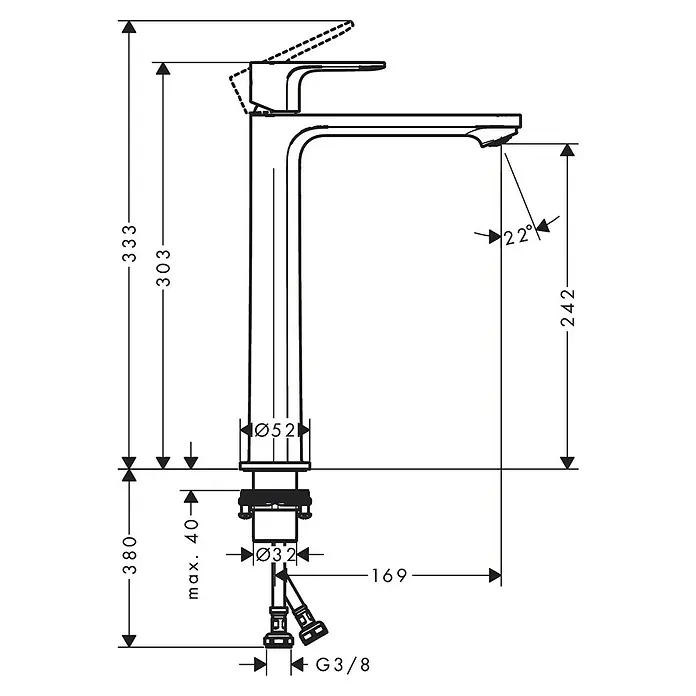 Hansgrohe Rebris S Waschtischarmatur - Chrom, Ausladung Armatur: 19,5 cm - Produkt-Skizze einer Armatur mit Maßangaben zu Höhe, Ausladung und Anschlüssen für eine detaillierte Installation.